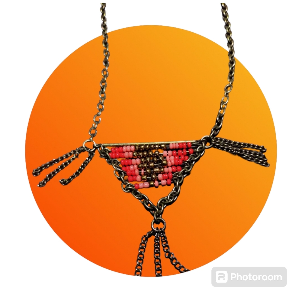 Vintage Necklace Geometry Tribal Boho Bronze Red,Pink And Gold Beaded Triangle